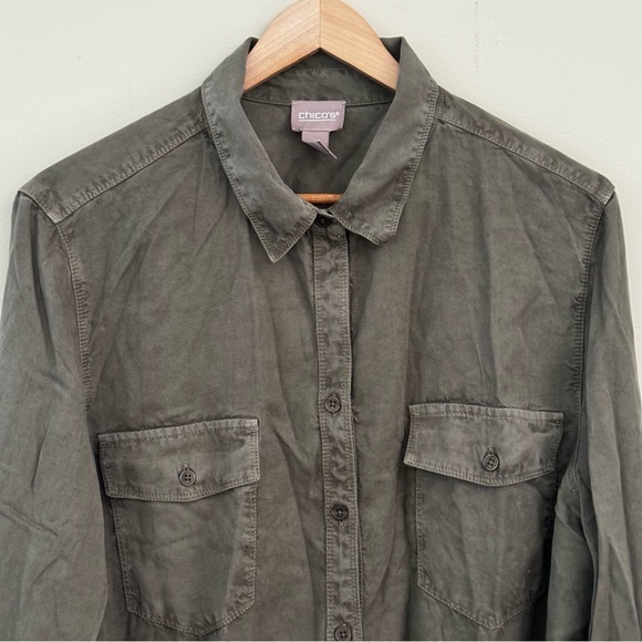 Chico’s Green Soft Washed Femme Utility Button Down Shirt Size 3=16 XL - Picture 3 of 6